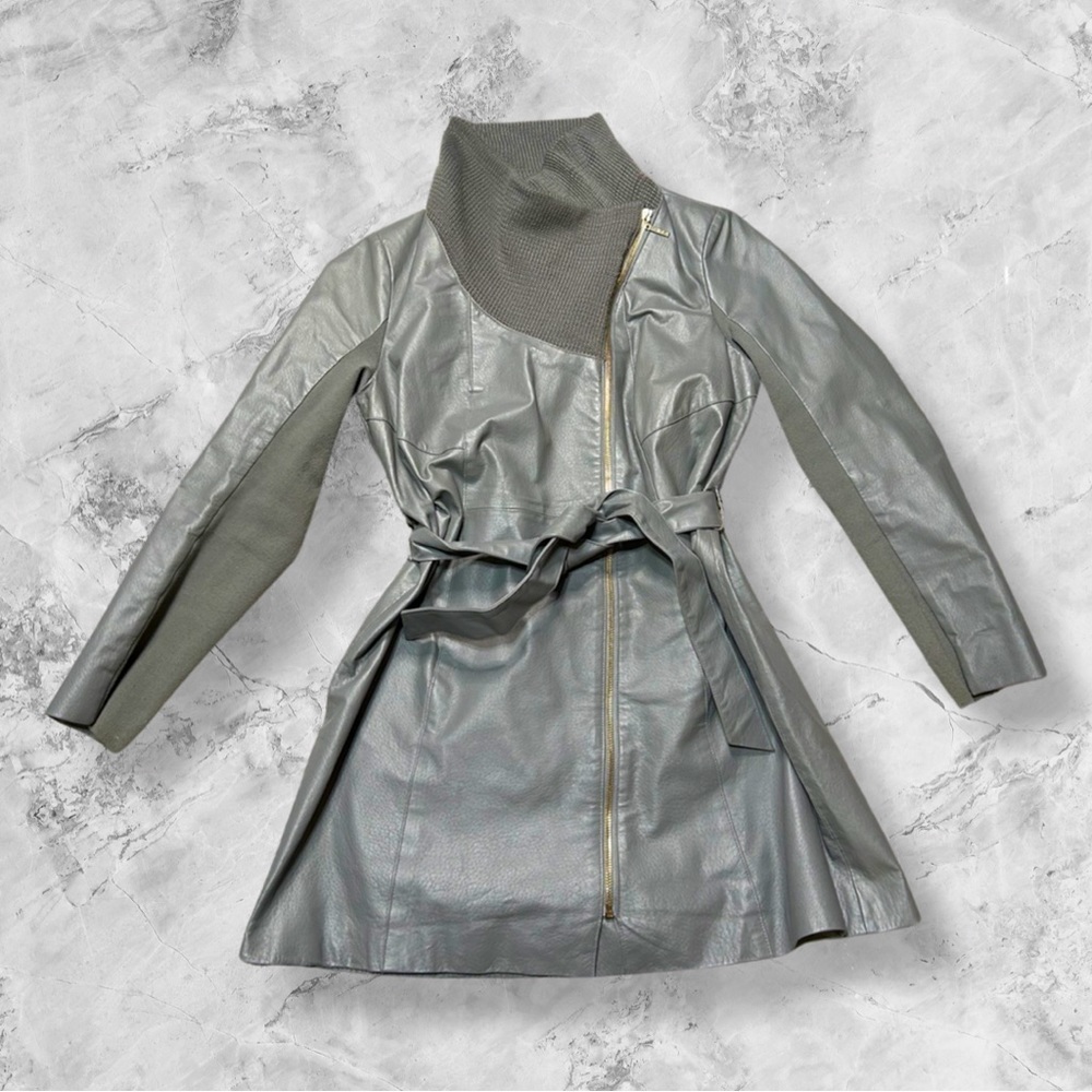 IMAN Leather Jacket Belted Grey with Sweater Asymmetrical Gold Zipper Size M